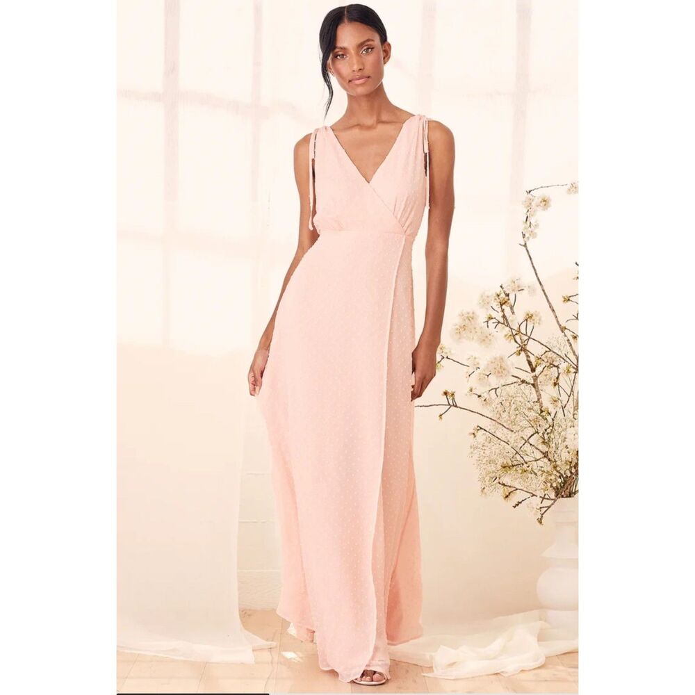 LULUS Romantic Possibilities True Blush Swiss Dot Maxi Dress Size M